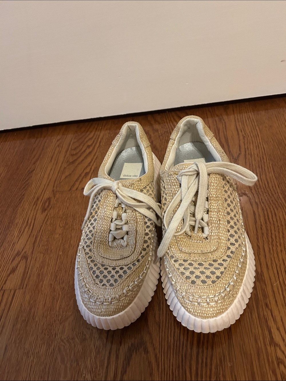 Dolce Vita Tan/Gold Woven Lace-Up Sneakers